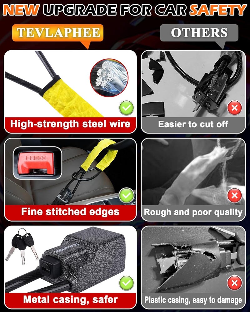 Tevlaphee Steering Wheel Lock Seat Belt Lock Universal Anti Theft Car Device Car Lock Car Theft Prevention with 3 Keys for Car Security Fit Most Vehicles Truck SUV Van (Yellow) - Image 2